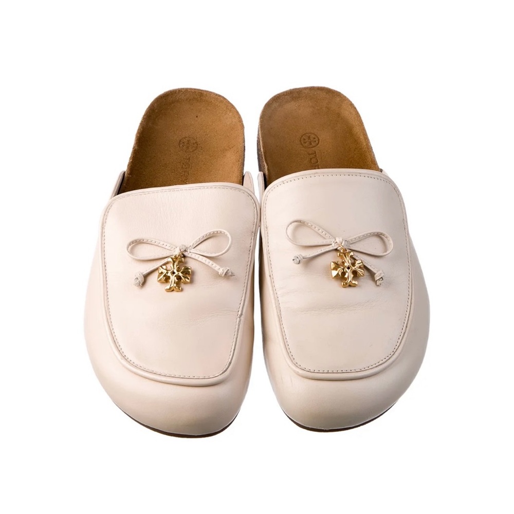 Tory Burch Cream Leather Bow Mule with Gold Charm
